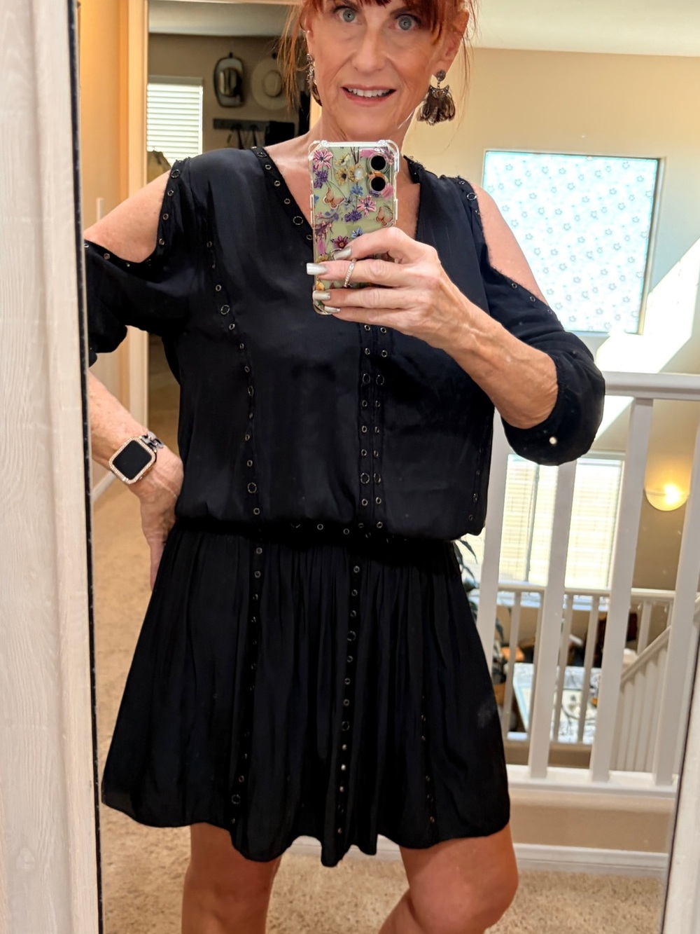 Ramy Brook Silk Black Rivet Drop Waist Mini Dress Eyelet Detail Dress MED
